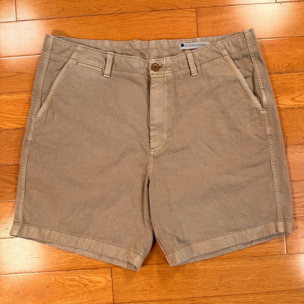 Outerknown Mens Size 36 Organic Cotton Shorts Tan Khaki Flat Front 7" Inseam